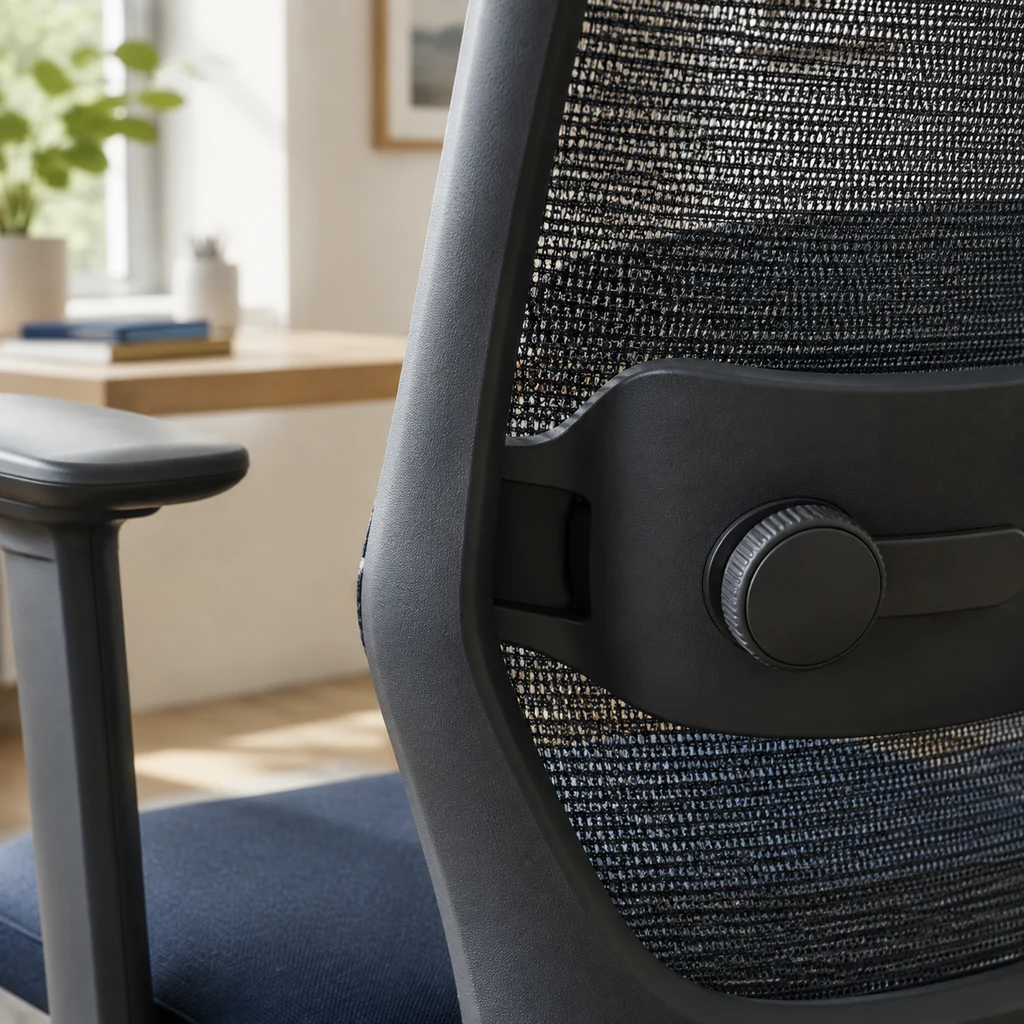 Close-up of a chair lumbar adjustment dial and mesh weave