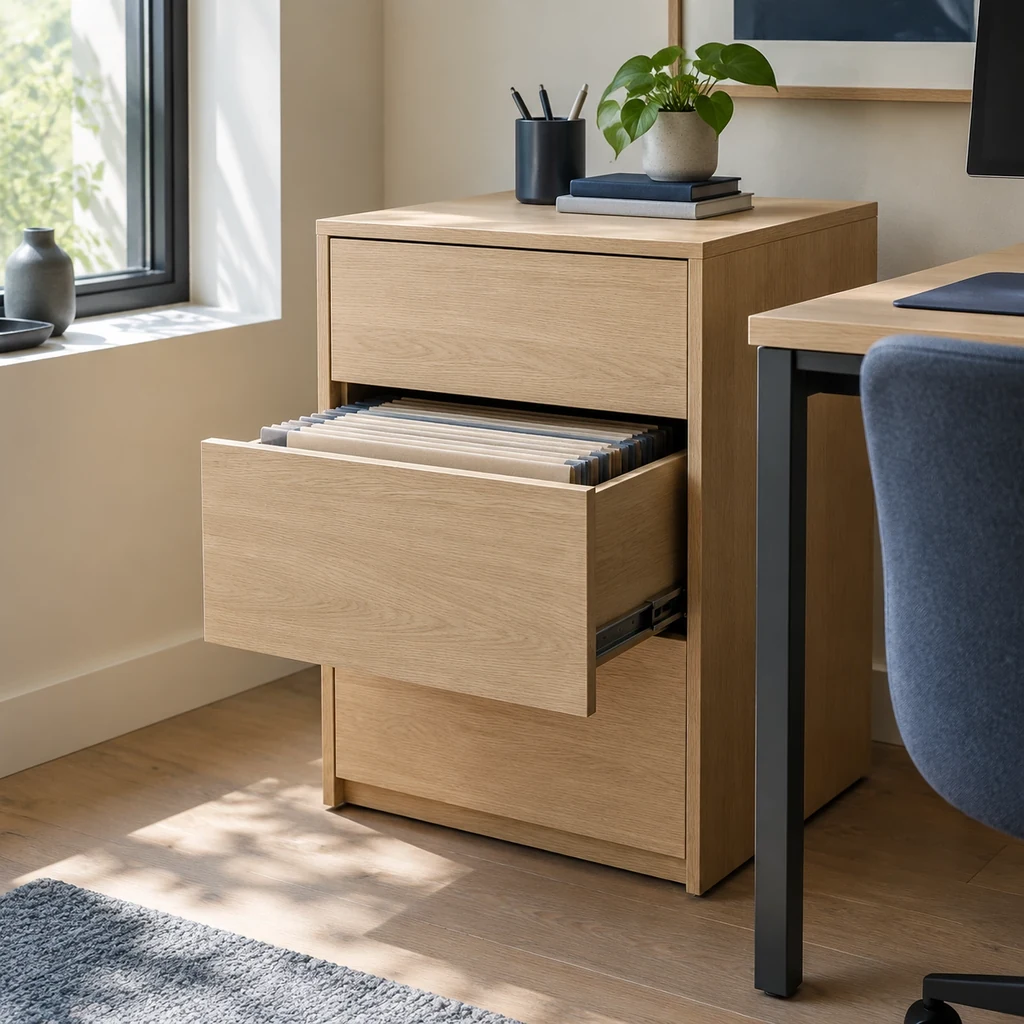 Oak storage pedestal with an open drawer holding document folders
