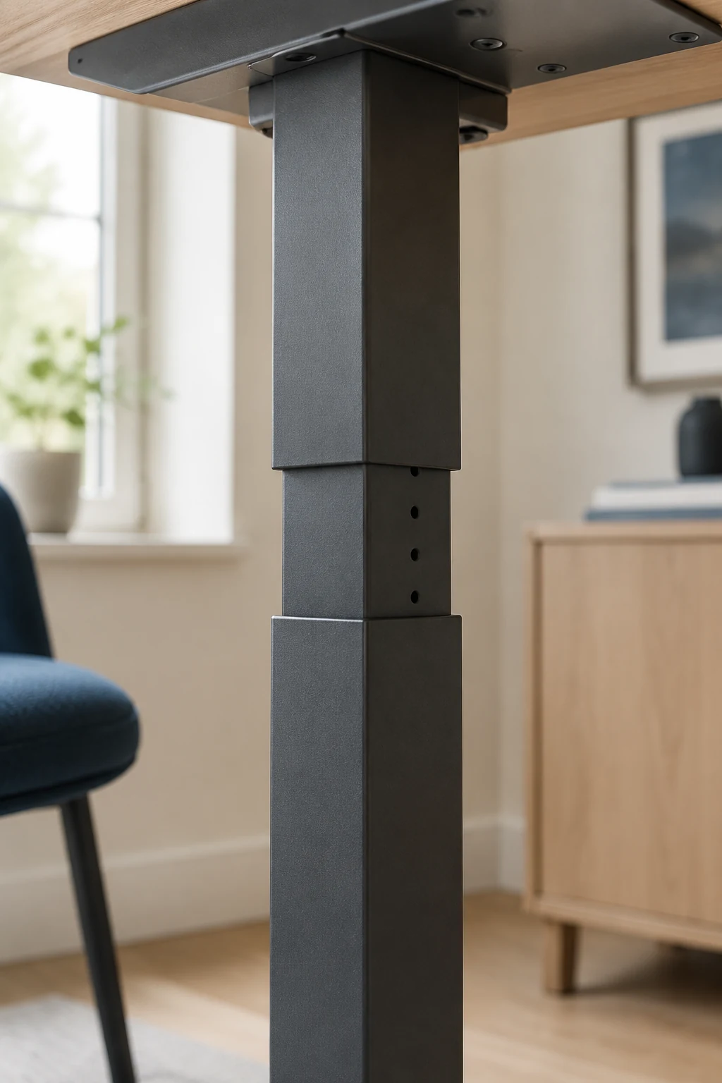 Close-up of a steel desk leg height adjustment column