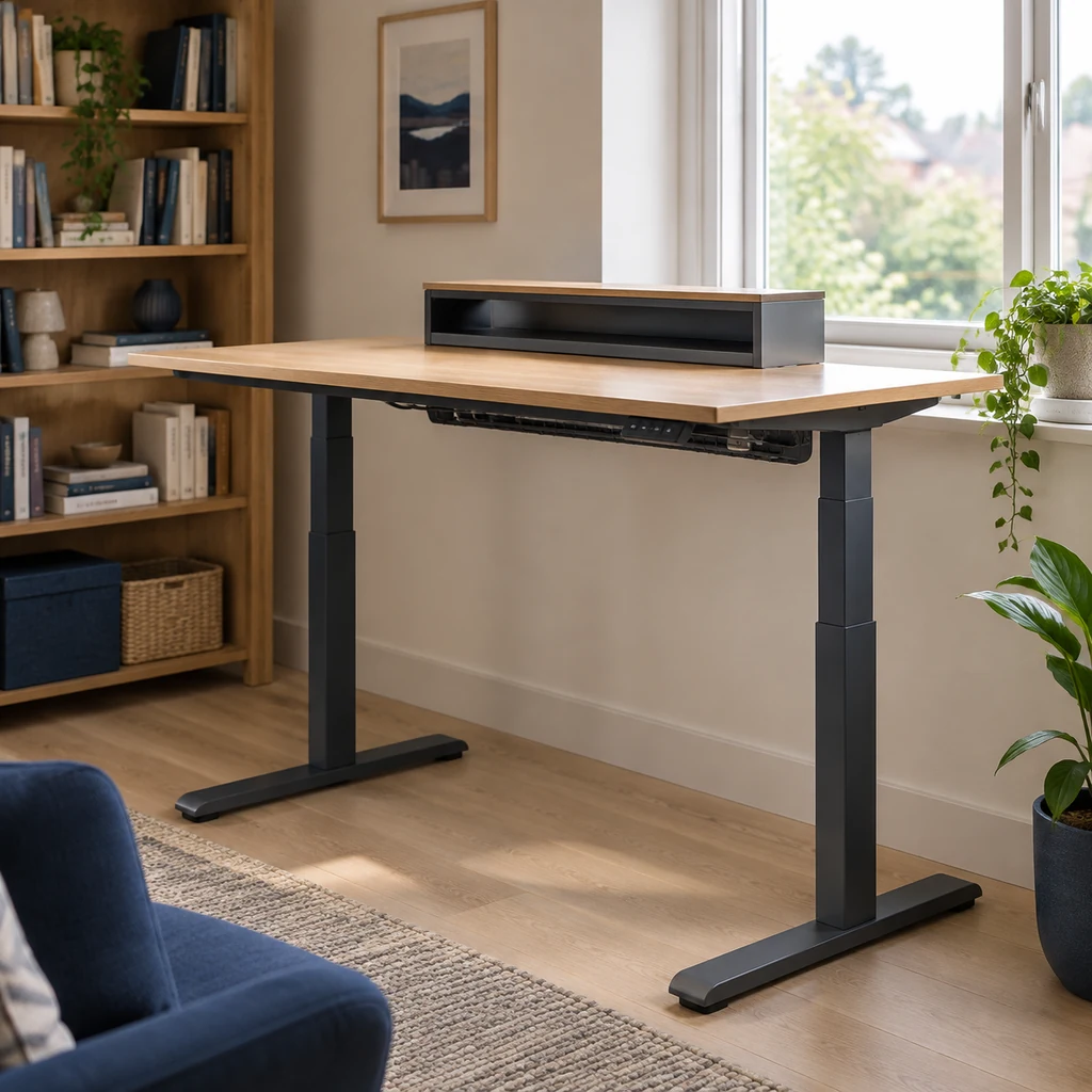Height-adjustable desk raised to standing height beside a window
