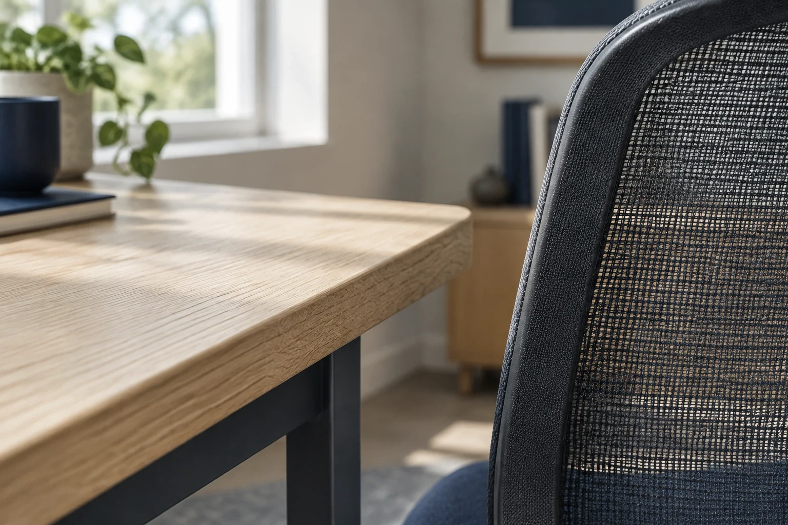 Close-up of an oak desktop edge next to a mesh chair back