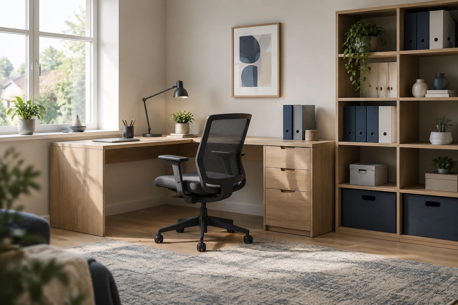 Home study with a corner desk, ergonomic chair and shelving unit