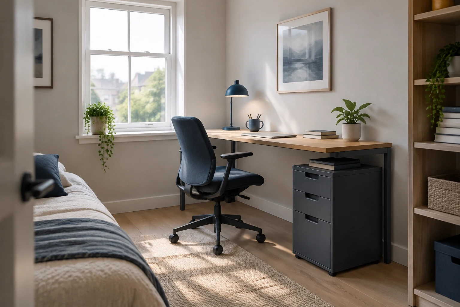 Spare bedroom with a narrow desk, task chair and low storage pedestal
