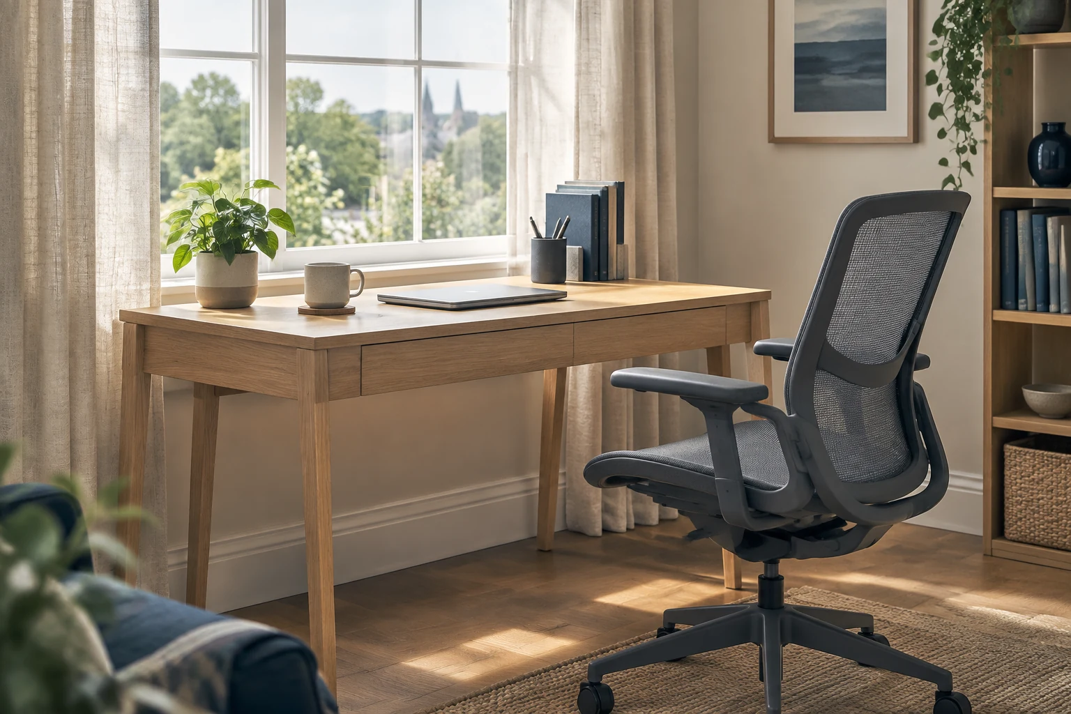 Pale oak writing desk under a window with a mesh office chair beside it