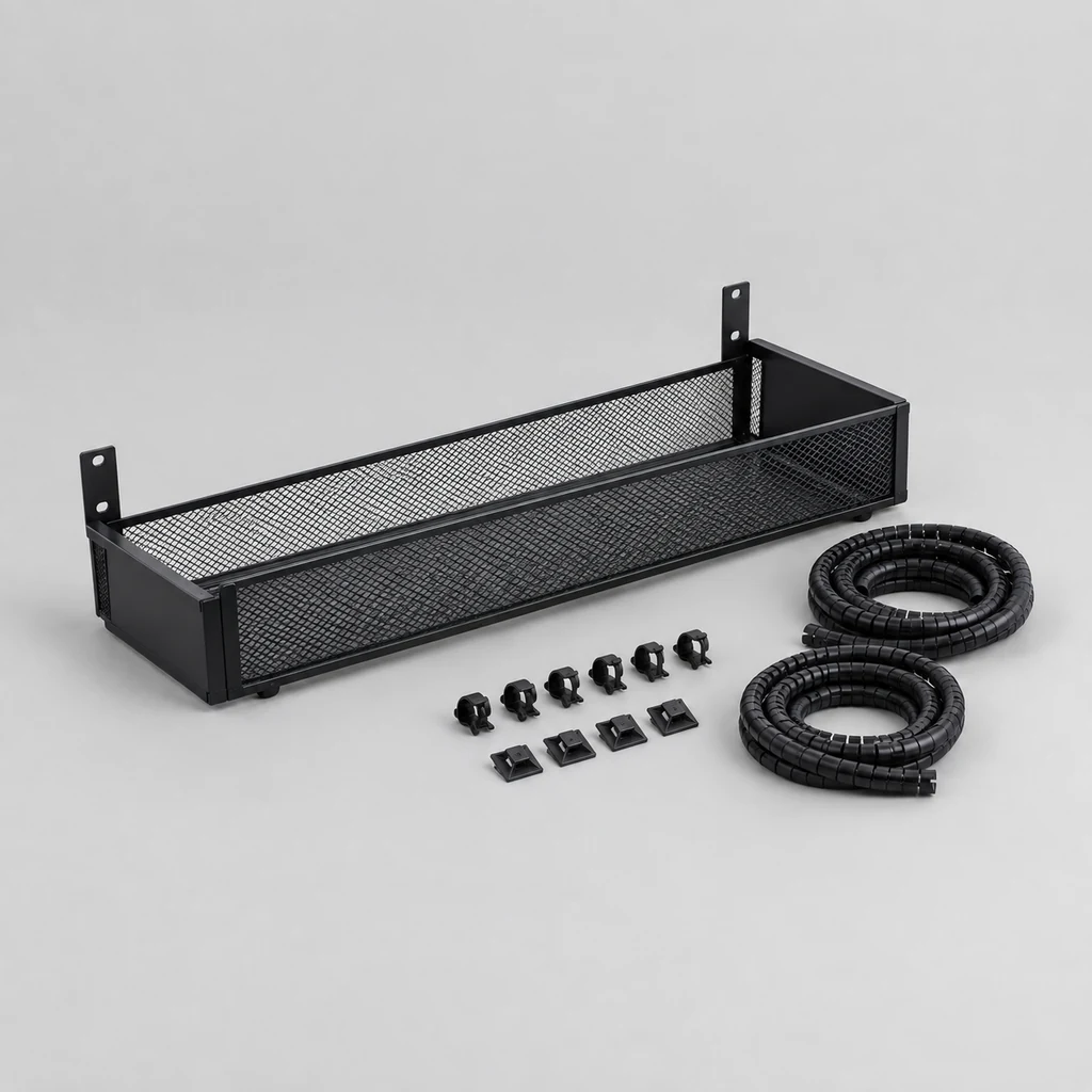 Under-desk cable management tray in black mesh steel with sleeves and clips