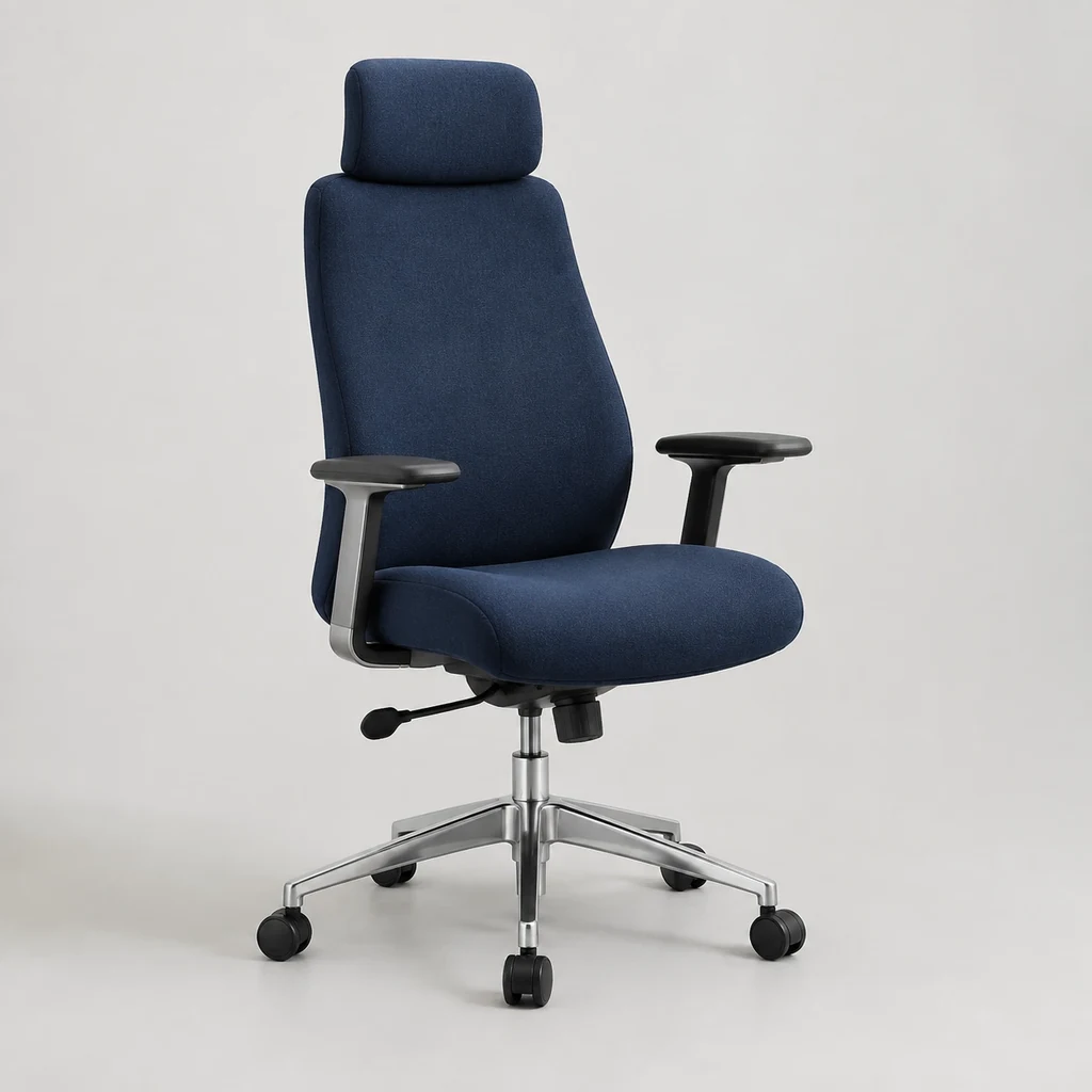 High-back office chair upholstered in deep navy fabric with headrest
