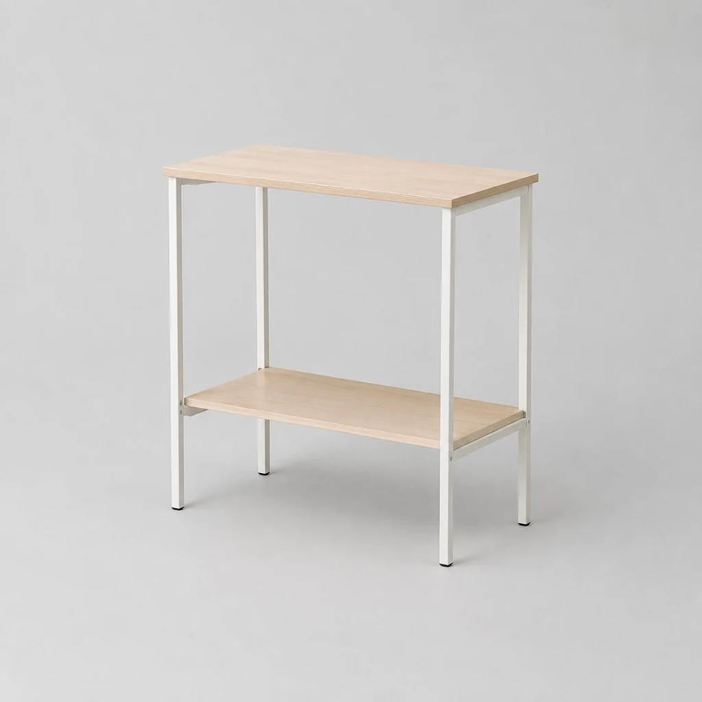 Narrow compact desk in pale birch with a lower shelf