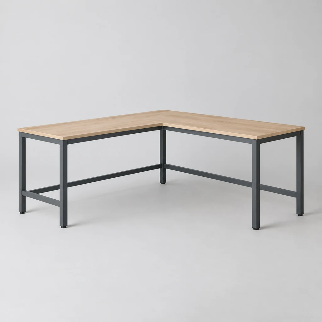 L-shaped corner desk with oak top and charcoal steel legs