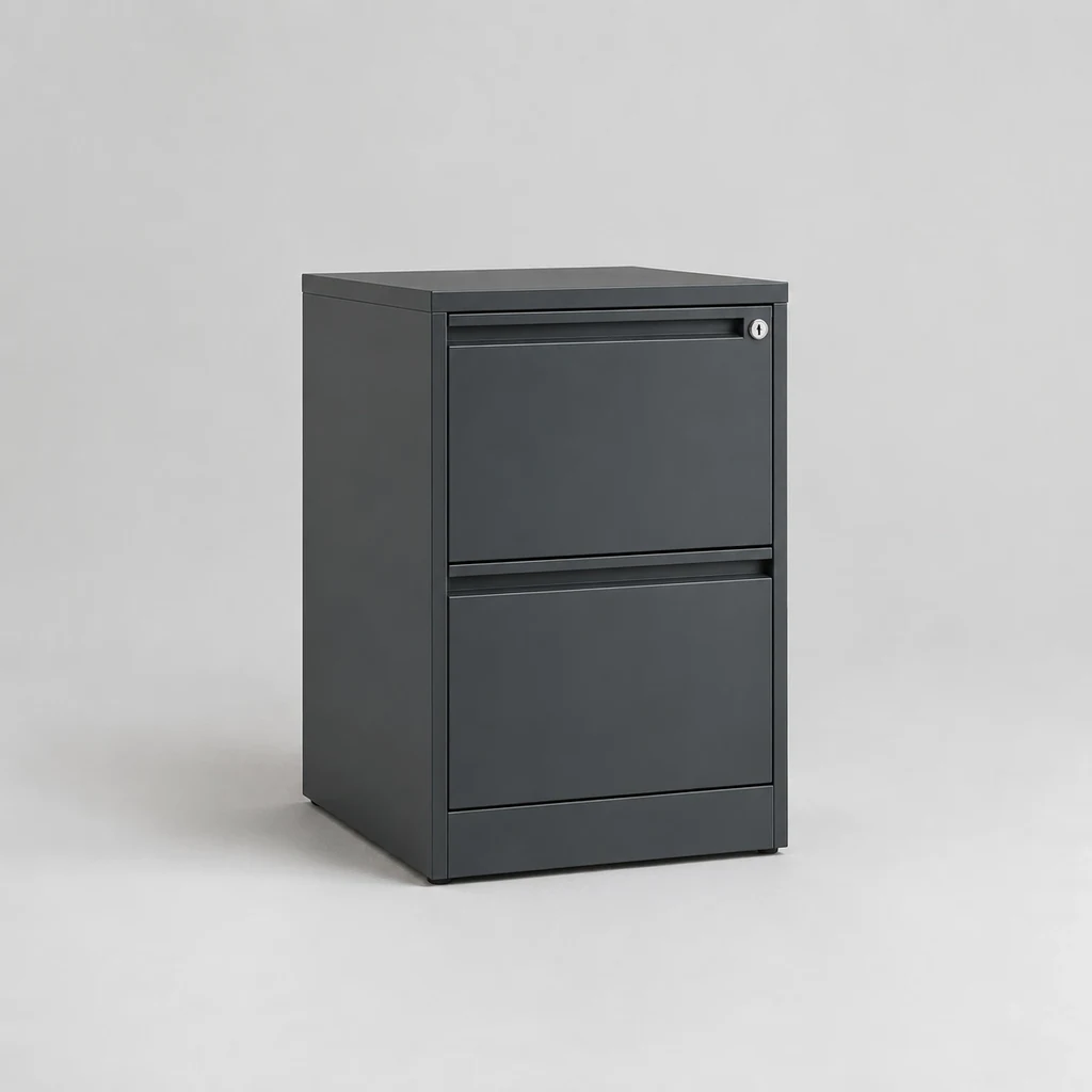 Two-drawer steel filing cabinet in matte charcoal with a lock