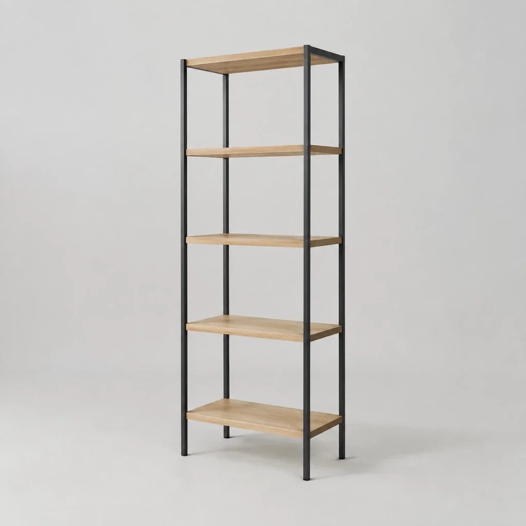 Narrow open shelving unit with five oak shelves and steel frame