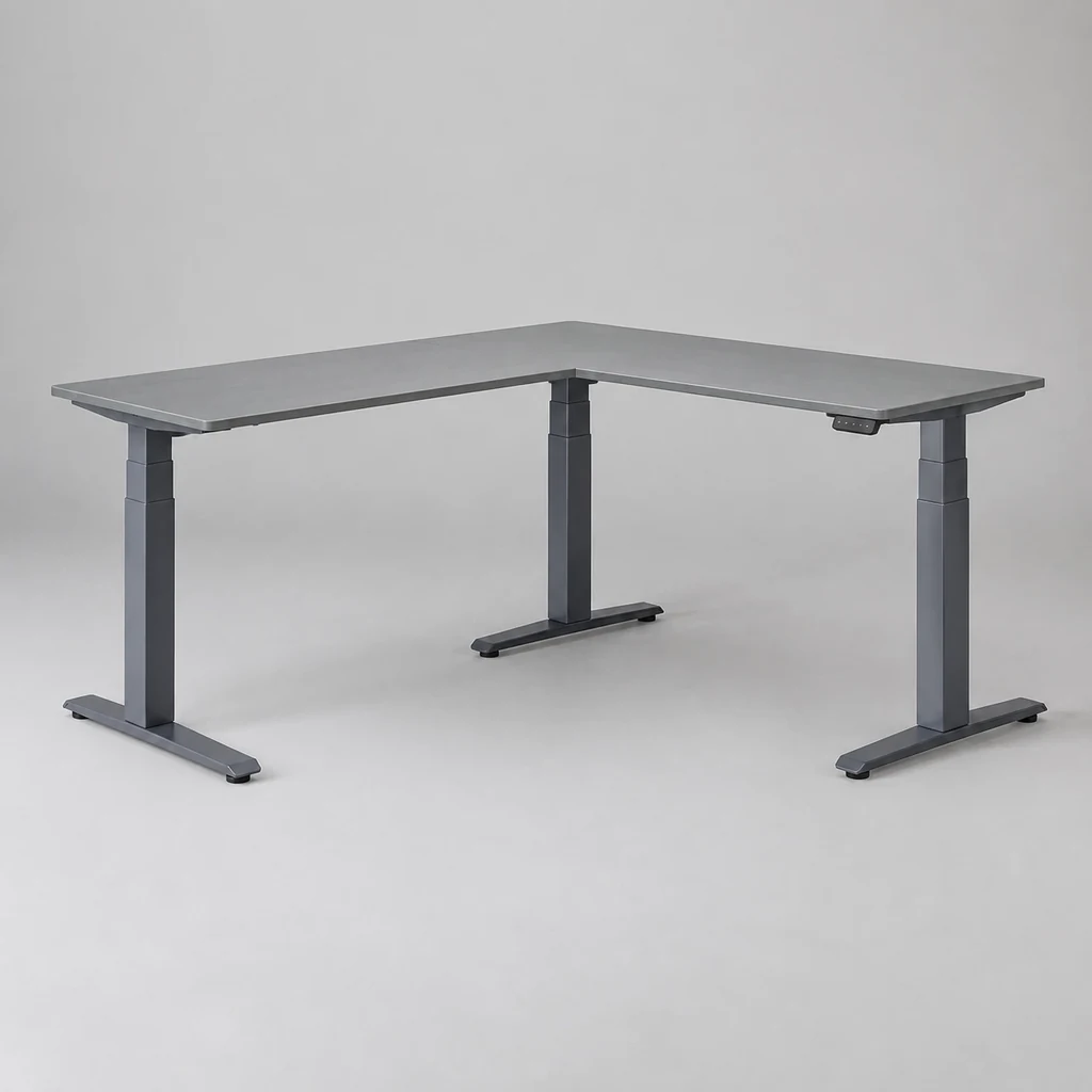 Large L-shaped electric sit-stand corner desk with three lifting columns