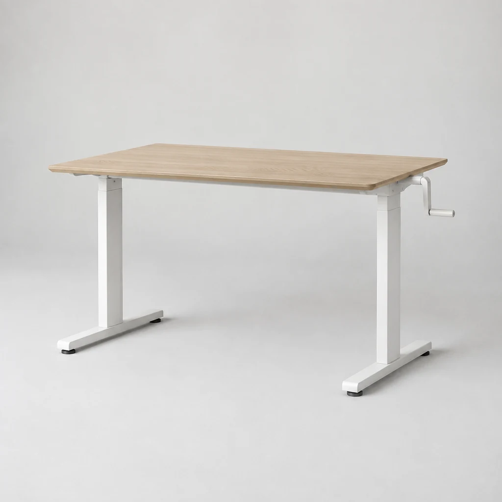 Manual crank height-adjustable desk with folded side handle