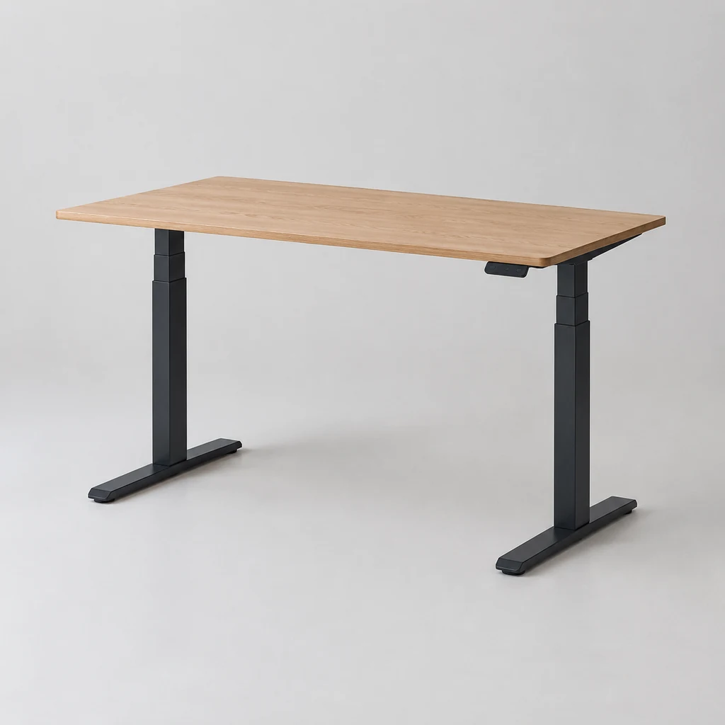 Electric sit-stand desk with oak top raised to standing height